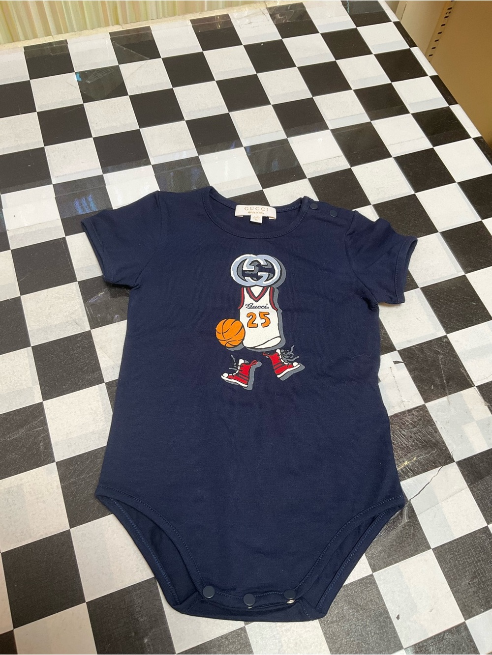 Gucci Navy Baby Bodysuit with Basketball Character